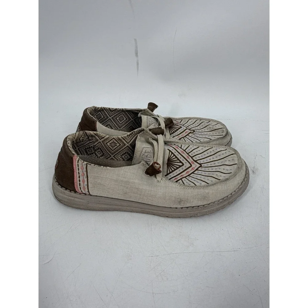 Hey Dude Wendy Western Palomino Canvas Loafers Embroidered Shoes Sz 9 Slip On